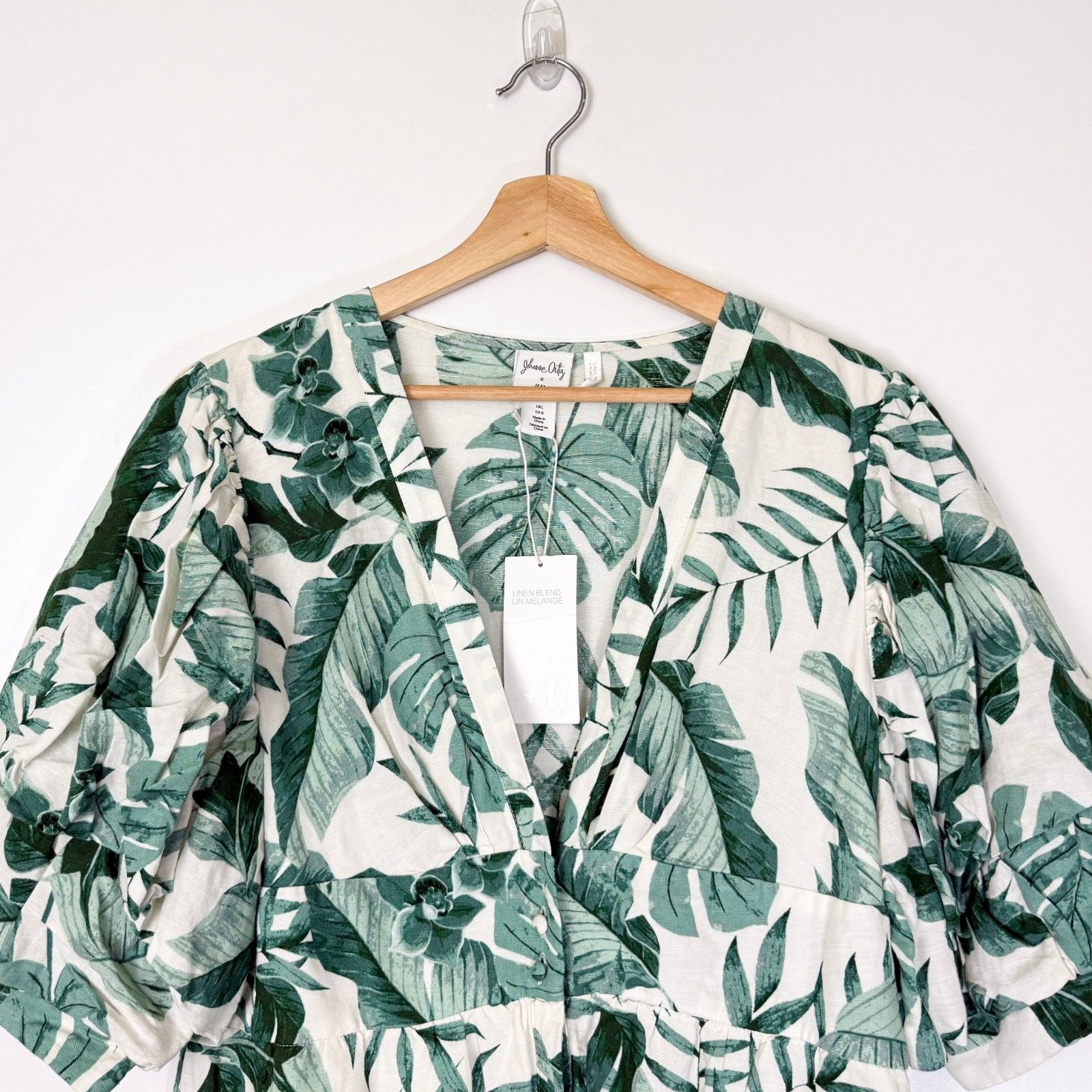 Johanna Ortiz X H&M Leaf Print Linen Blend Dress Large Nwt Tropical Midi — image 6 of 8